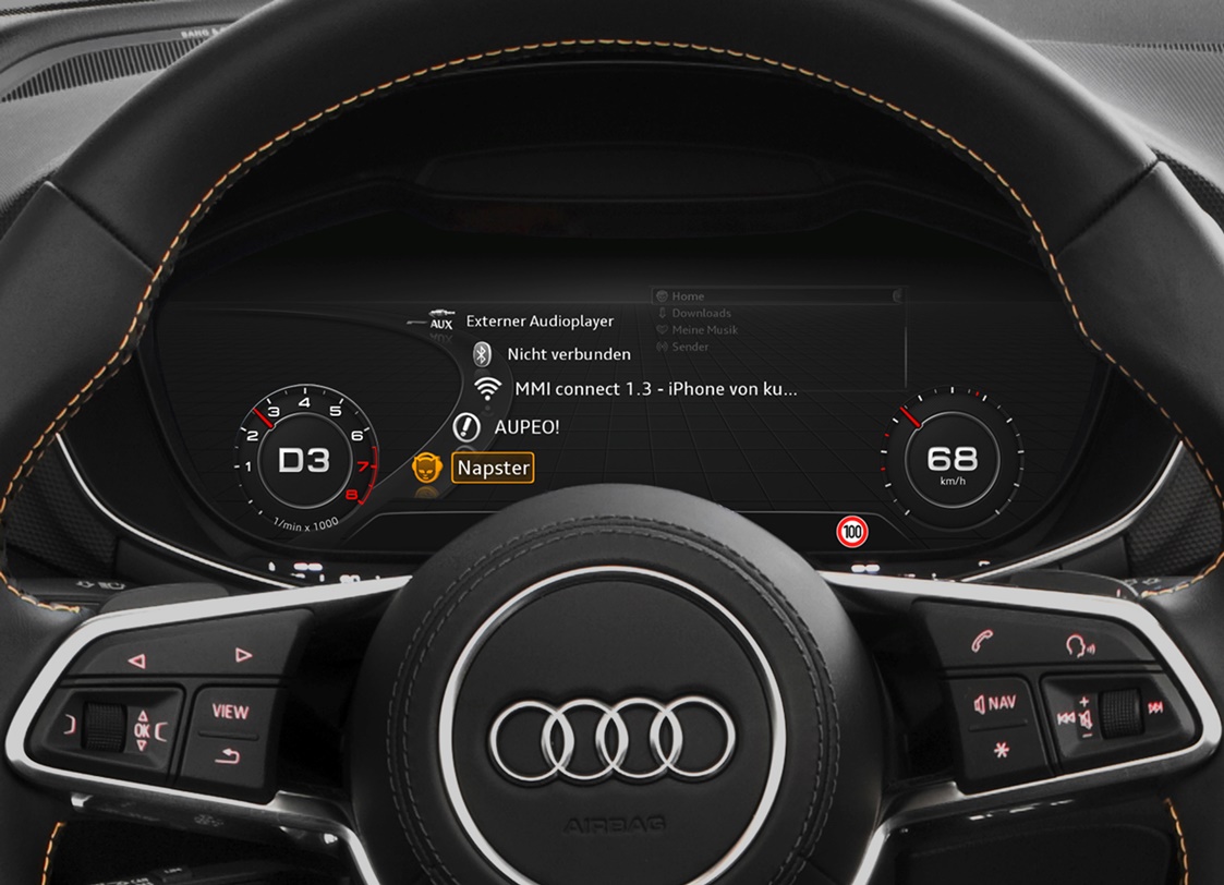 Audi TT Coup   Audi virtual cockpit    Verbrauchsangaben Audi TT Coup :Kraftstoffverbrauch kombiniert in l/100 km: 7,1 - 4,2;CO2-Emission kombiniert in g/km: 164 - 110