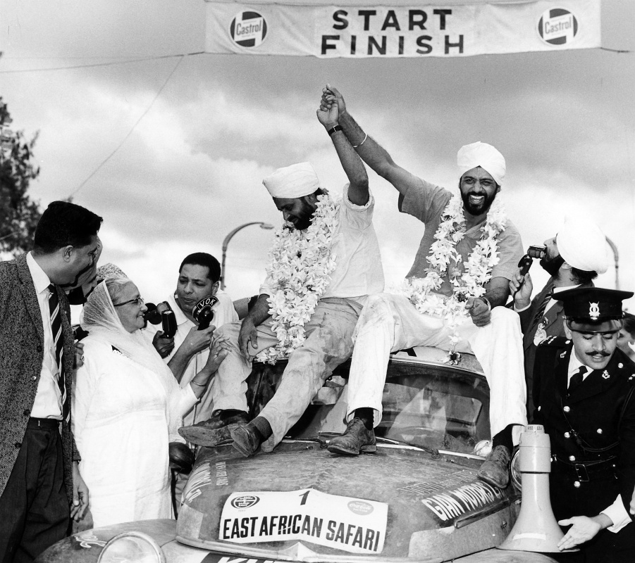 Joginder Singh, his brother Jaswant and their Volvo PV 544 claiming first place at the East African Safari Rally in 1965.