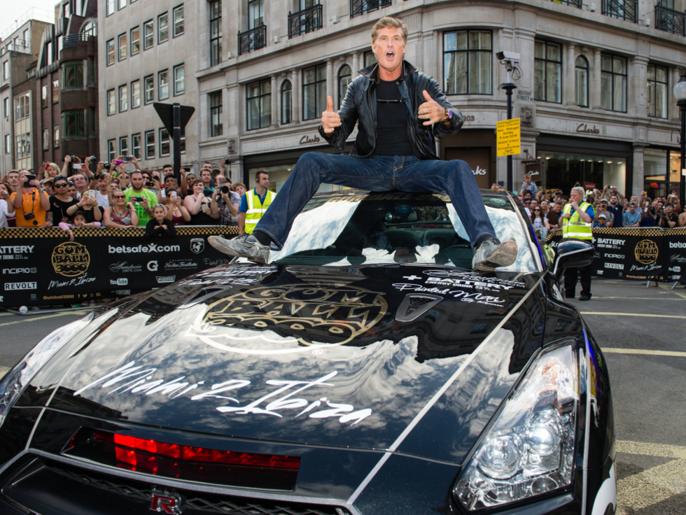 David Hasselhoff in Regent St. at the Gumball Rally 3000 with his 'Kit' GTR